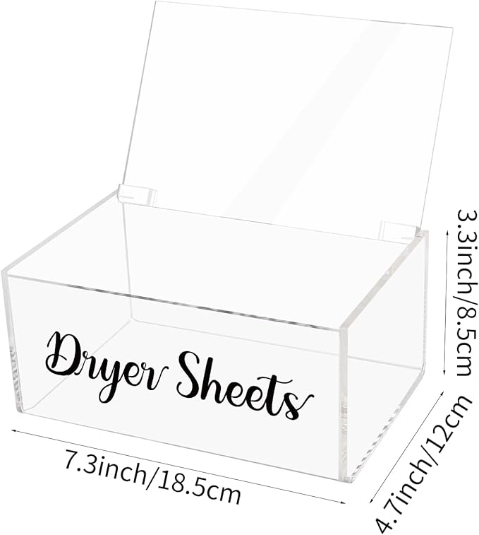Acrylic Dryer Sheet Dispenser with Hinged Lid, Clear Rustic Farmhouse Style Dryer Sheet Container Storage Box for Laundry Room Organization, Laundry Softener Dispenser, Home Laundry Room Decorations