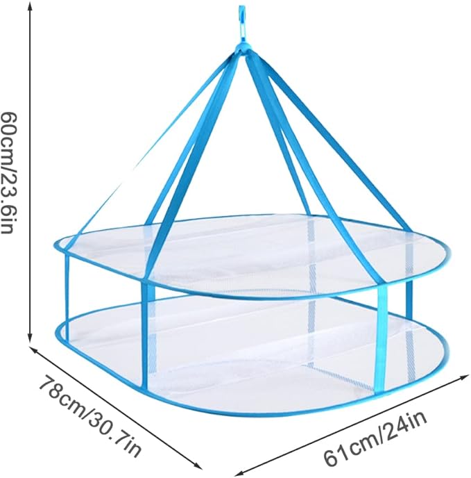 2 Tier Folded Mesh Clothes Hanging Dryer Sweater Drying Rack,Windproof Laundry Drying Rack,Foldable Hanging Mesh Dryer for Underwear Lingerie Sweater Outdoor, Indoor(blue,size:30.7x24x23.6inch)