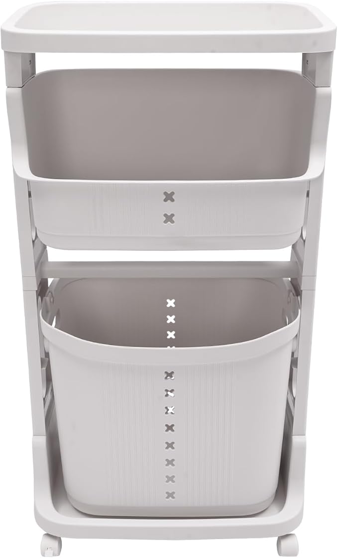 Laundry Hamper Basket, 2-Tier 3 Baskets Removable Basket Cart with Wheel, Dirty Clothes Storage Organizer Shelf, Plastic Stackable Washing Clothes Sorter for Bathroom, White