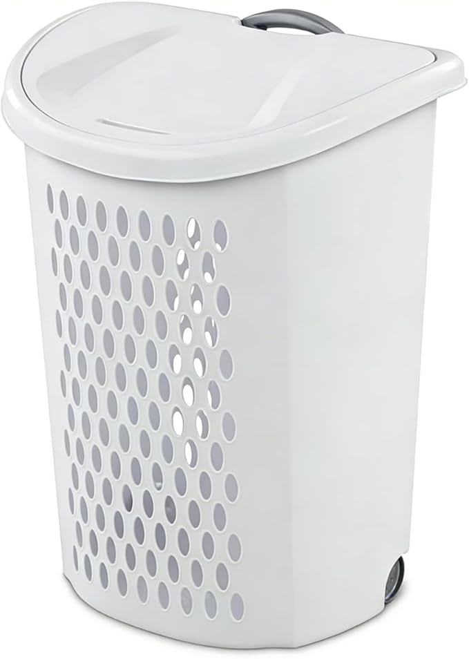 Plastic Laundry Basket, Clothes Hamper with Lid & Wheels, Dirty Clothes Hamper with Handle for Laundry room, Bathroom, Dormitory, White
