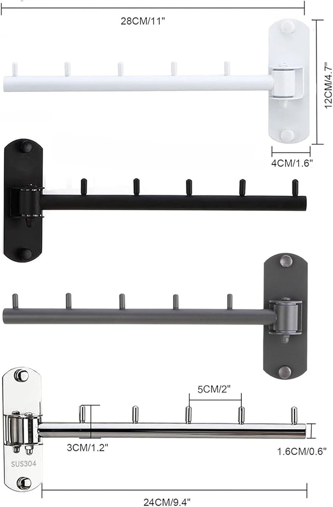 Folding Wall Mounted Clothes Hanger Rack with Swing Arm Stainless Steel Heavy Duty Coat Hook for Bathroom, Bedroom, Laundry Room- Silver