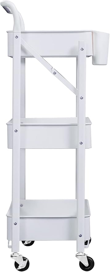 Foldable Storage Cart 3 Tier Rolling Cart with Wheels No Assemble Required Metal Utility Kitchen Cart Heavy Duty Folding Storage and Organizer for Classroom, Bedroom(White)