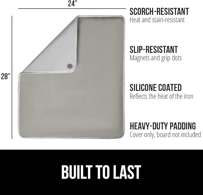GORILLA GRIP Ironing Mat, Portable Iron Pad, Magnetic Cover for Top of Laundry Washer, Dryer, Tabletop, Countertop Padded Blanket, Silicone Coating and Scorch Resistant, Travel Size 28x24, Silver
