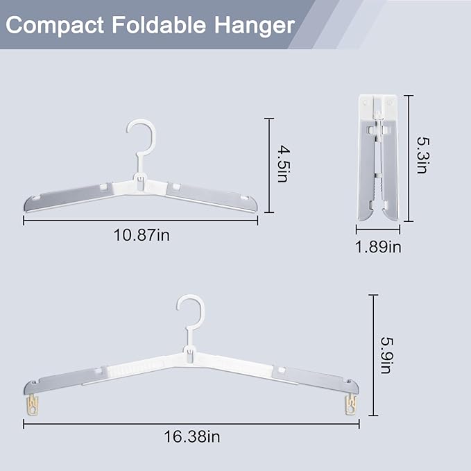 Foldable Travel Hangers for Cruise, 6 Pack Portable Collapsible Hanger with Clips, Folding & Space-Saving Suitcase Hangers for Travel, Grey-White (Grey-White)
