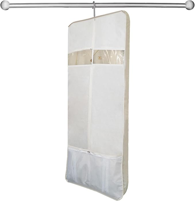 Beige Cotton Garment Protector Bag Cover - Dust Free Cloth Hanging, Wardrobe storage for Dresses and Suits (Clear Window (24" x 62"))