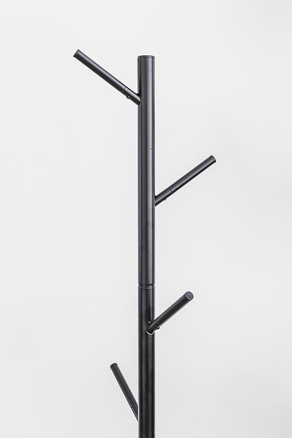 Coat Rack Black Freestanding - Modern Hat and Coat Stand with 6 Hooks - Black Powder-Coated Tubular Steel, Compact 11.0" Base, 66.1" Height for Entryway, Office, or Bedroom Organization