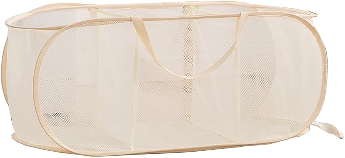 Mesh Laundry Hamper Basket, Sturdy 3 Compartments Laundry Basket, Foldable Pop up Laundry Hamper with Side Pocket for Laundry Room, Bathroom, Kids Room, College Dorm or Travel, Beige