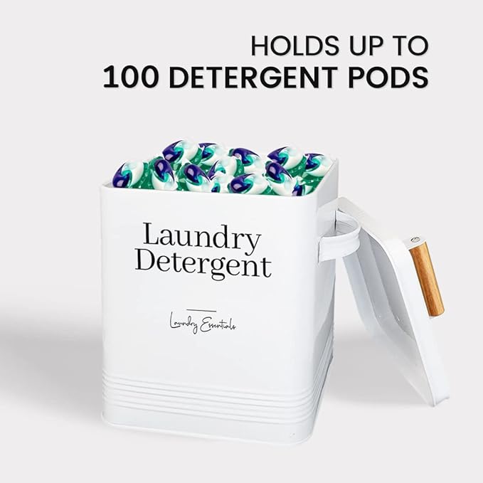 Simplation Laundry Detergent Container, Modern Farmhouse Storage Box for Laundry Room Decor and Accessories (White, 11 x 7 x 6 inches, 144 oz)