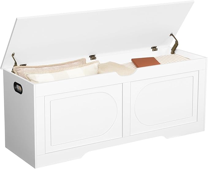 Storage Chest, 47.2” Toy Box, Entryway Storage Trunk, Shoe Bench with Storage, Engineered Wood Storage Cabinet with 2 Safety Hinges, Entrance Bench for Living Room, White SCWT2201