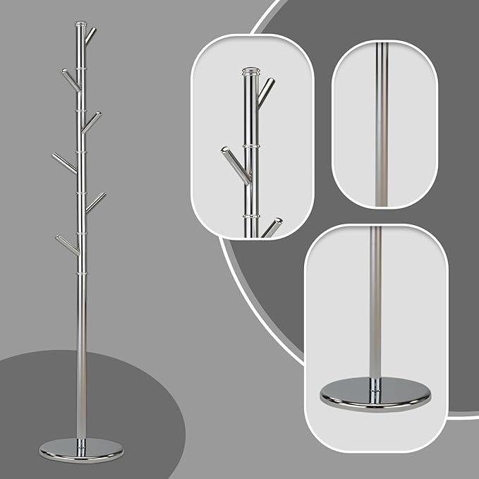 KB Designs - 6 Hook Metal Standing Coat and Hat Hanger Organizer Rack, Chrome