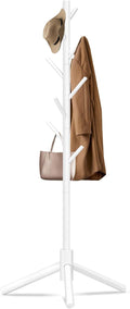 Durable Wooden Coat Rack, Freestanding Coat Rack with Stable Triangular Base, 8 Hooks & 3 Adjustable Heights, Simple Assembly for Bedroom, Hallway, Office(New White)