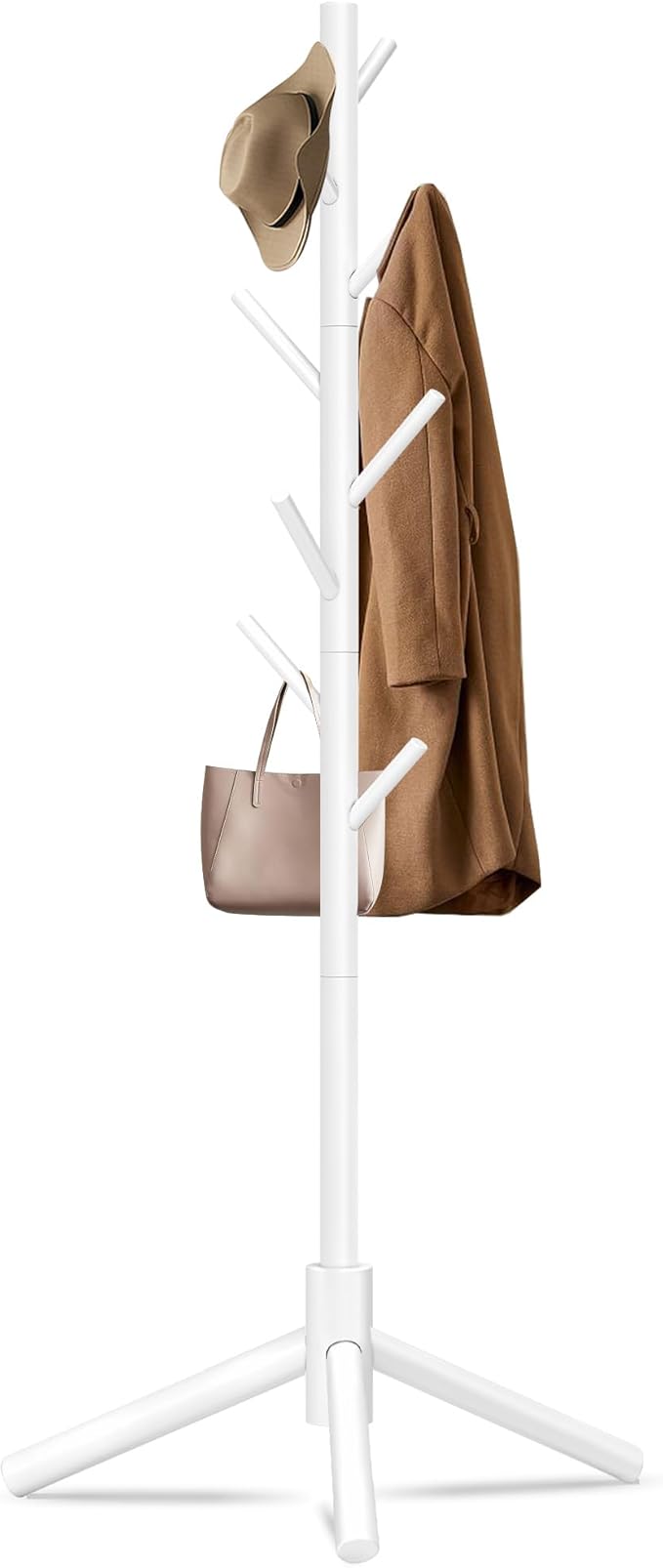 Durable Wooden Coat Rack, Freestanding Coat Rack with Stable Triangular Base, 8 Hooks & 3 Adjustable Heights, Simple Assembly for Bedroom, Hallway, Office(New White)