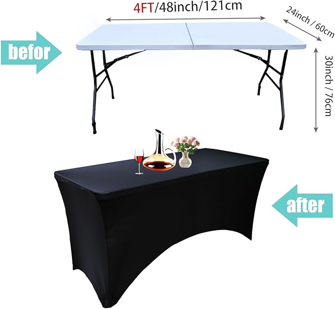 4 Pack - Elegant Black Stretch Spandex Table Cover (48Lx24Wx30H Inches), Non-Iron Fitted Tablecloth for 4-Foot Rectangular Folding Tables -Ideal for Banquets, Weddings & Festivals