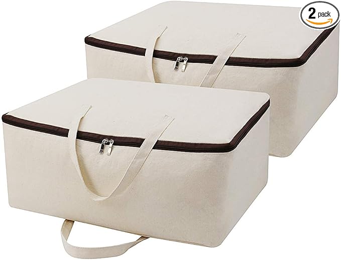 2-Pack Heavy Duty Canvas Cotton Storage Bags for King/Queen Duvets | Soft & Breathable | 3-Zip Opening, Dust Proof Blanket Organizer Bag | 23.6 * 8.7 * 17.7inches