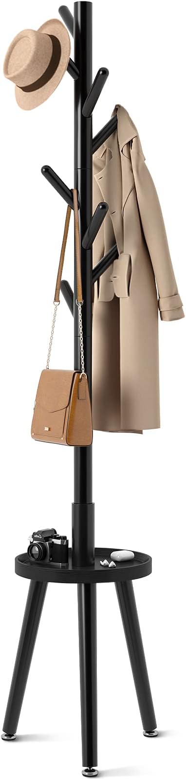 GREENSTELL Coat Rack with 8 Hooks, Wooden Coat Rack Freestanding with Shelf, Coat Tree with 4 Height Options 50.5"-72.6", Coat Hanger Stand for Bags, Clothes, Umbrellas, Hats, in Home, Black