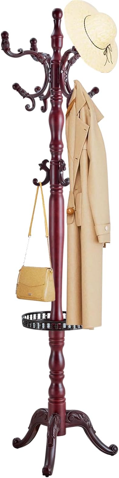 Solid Wood Coat Rack, Free Standing Hall Coat Tree with 14 Hooks, 3 Height Options, 300lbs Load, Stury Base, Clothes Rack for Entryway, Hallway, Bedroom (Tri-legged Base - H12 Rosewood)