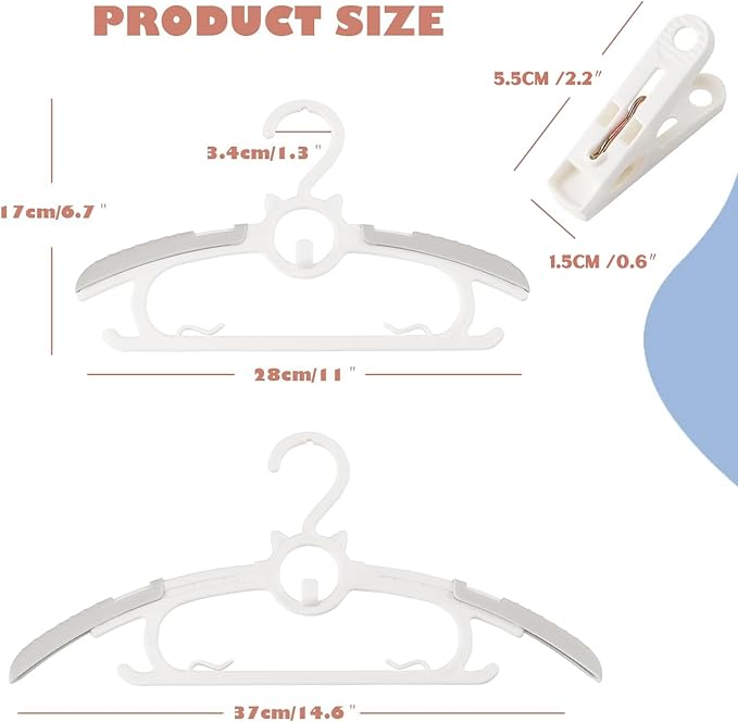 JSF 30Pcs Baby Hangers for Nursery Closet, Infant Hangers Extendable and Non-Slip for Newborn Toddler Kids Clothes,11"-14" Adjustable Children Coat Pant Hanger for Girl and Boy Nursery Grey
