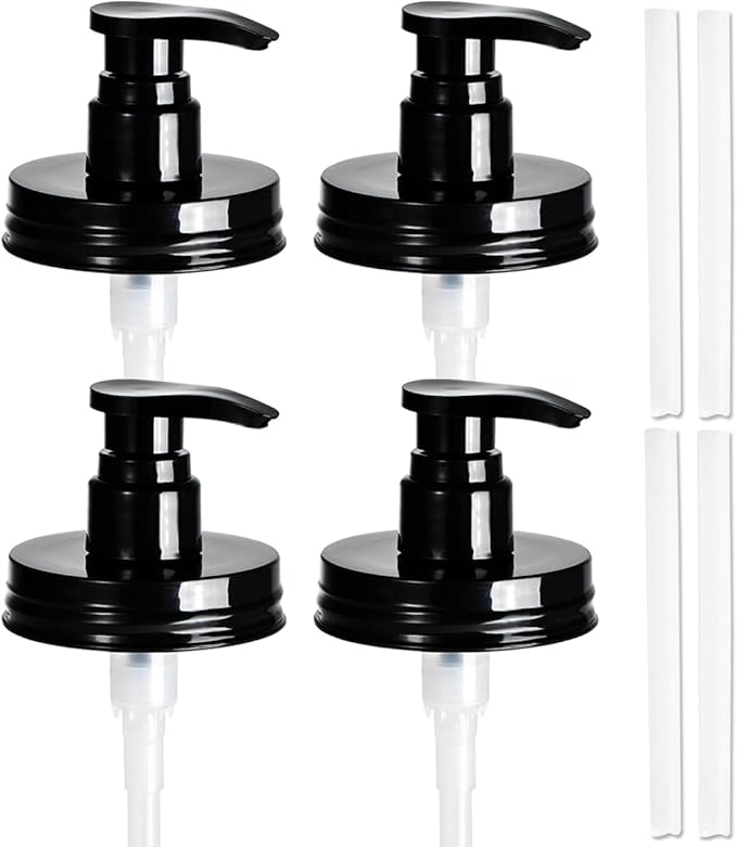 Amolliar Plastic Mason Jar Soap Dispenser Lids(4) - Universal Pump Replacement for Regular Mouth Jar - Long Tubes & Cute Lables -Farmhouse Decor for Kitchen, Bathroom, Dish Soap, Lotions, Hand Soap