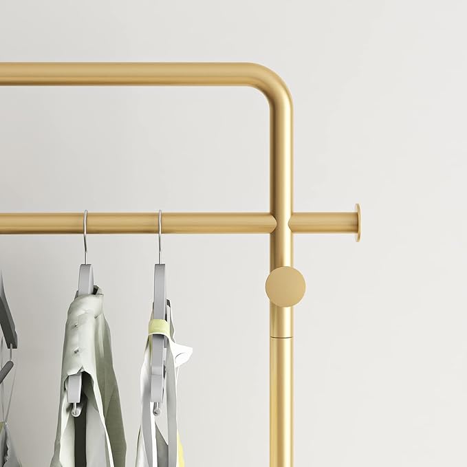 TIEOU Gold Clothing Racks with Shelf, Heavy Duty Gold Clothes Racks for Boutiques, Free-Standing Metal Garment Rack for Hanging Clothes, Modern Coat Rack Entryway
