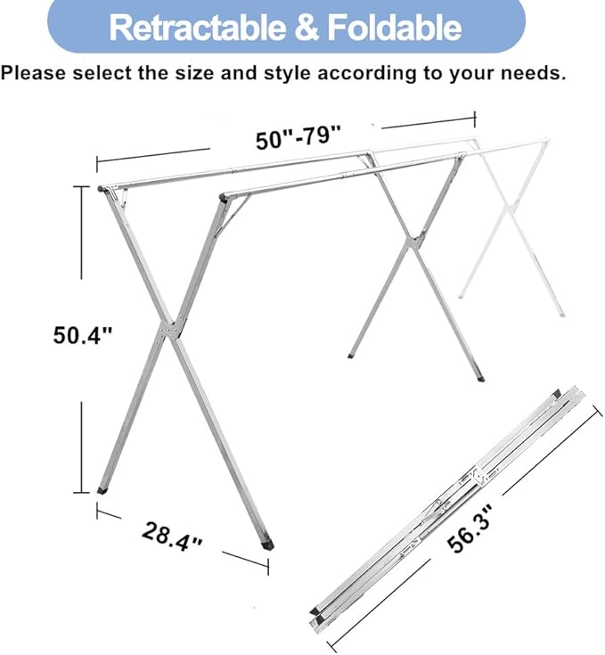 2026 Premium Stainless Steel Clothes Drying Racks, Foldable and Adjustable Laundry Drying Rack Clothing for Indoor Outdoor （79" D x 28.4" W x 50.4" H）