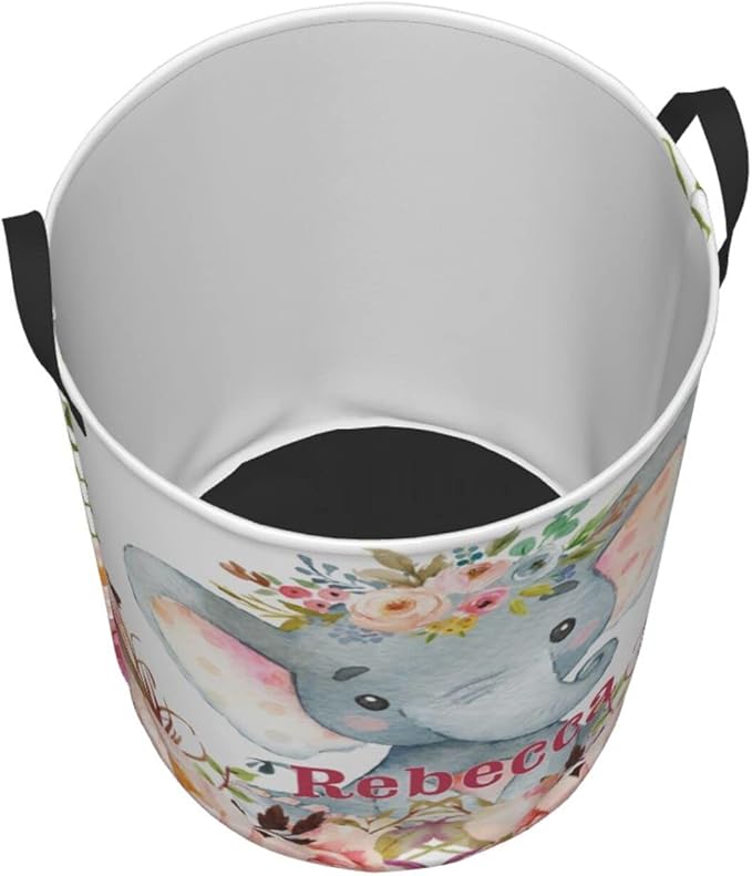 Watercolor Elephant Flower Personalized Laundry Hamper Custom with Name Collapsible Waterproof Storage Basket with Handles for Bedroom Clothes Toys.