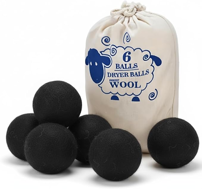 Wool Dryer Balls, New Zealand Dryer Balls Laundry Reusable Reduce Static Cling, Dryer Ball to Reduce Wrinkles & Shorten Drying Time, Drying Balls for Laundry(Pack of 6) (Black)