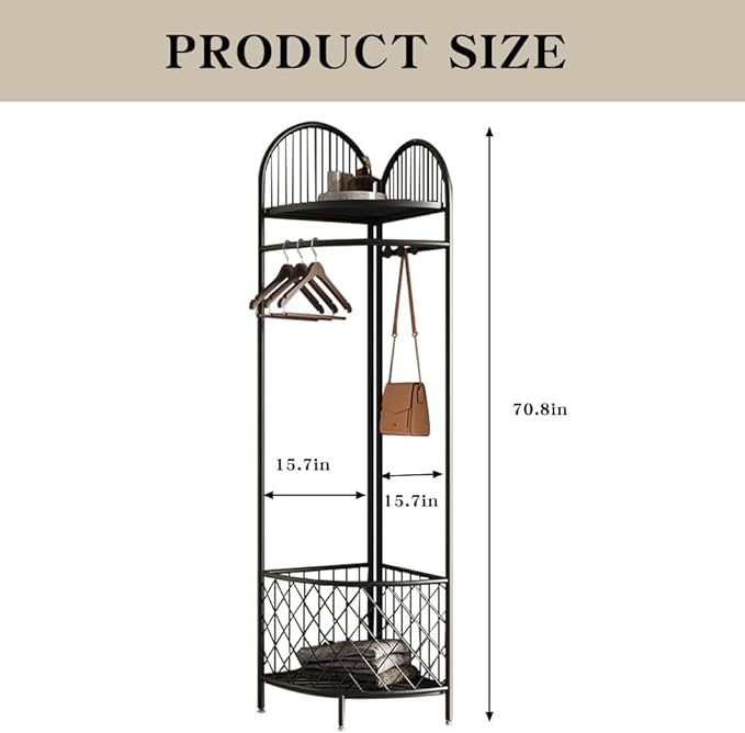 Corner Coat Rack with Storage and hooks,Hall Tree Metal Corner Clothes Rack for Home, Bedroom, Living Room, Entryway (black)