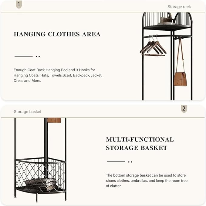 Corner Coat Rack with Storage and hooks,Hall Tree Metal Corner Clothes Rack for Home, Bedroom, Living Room, Entryway (black)