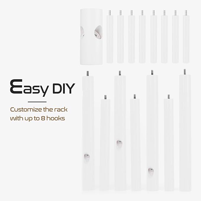 Solid Wooden Coat Rack Freestanding, New Zealand Pine Coat Tree with 8 Hooks & 3 Adjustable Sizes for Coats, Hats, Handbags and Scarves, Space Saving for Entryway/Office/Bedroom (White)