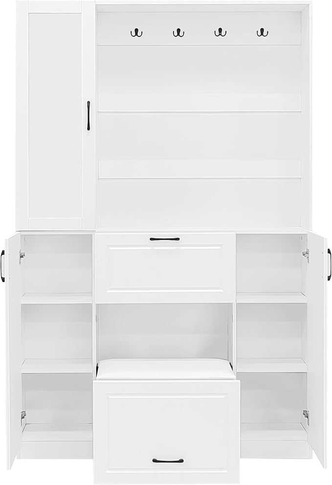 51.1''W Hall Tree with Integrated Shoe Cabinet and Mirrored Cabinet Door, 4-in-1 Design Entryway Coat Hanger with Foldable Seat, 4 Hooks and 2 Drawers for Entrance Living Room