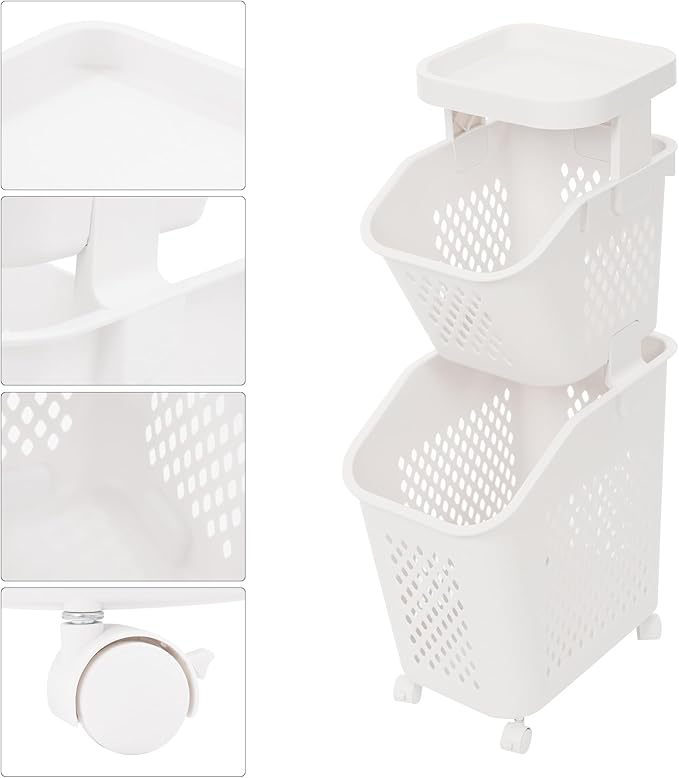 2 Tiers Rolling Laundry Hamper, White Plastic Laundry Basket Holder with Wheels, Vertical Laundry Hamper Sorter Cart, Rolling Clothes Hamper Organizer for Bathrooms Bedrooms