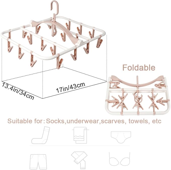 Clothes Drying Racks Foldable Clip Hangers Drip Hanger Plastic with 20 Drying Clips (Light Pink-Rectangle)