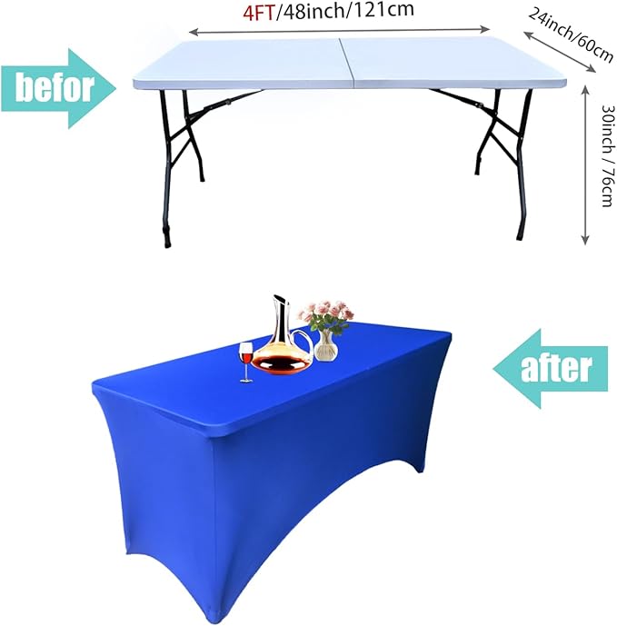 4 Pack - Elegant Blue Stretch Spandex Table Cover (48Lx24Wx30H Inches), Non-Iron Fitted Tablecloth for 4-Foot Rectangular Folding Tables -Ideal for Banquets, Weddings & Festivals
