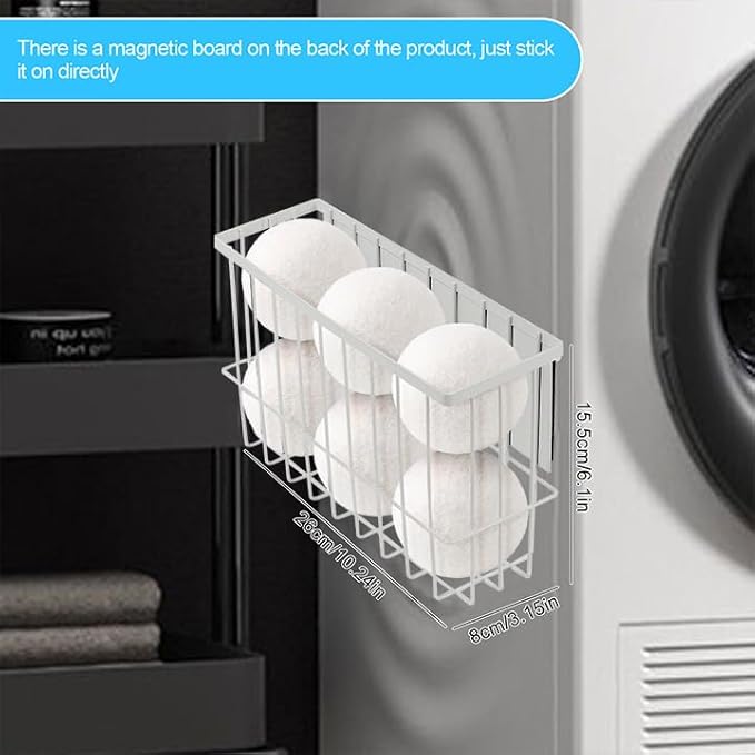 Magnetic Dryer Ball Holder, Dryer Lint Bin Magnetic Basket Organizer Shelf Rack Dryer Ball Container for Laundry Room Organization and Storage (White, Medium)