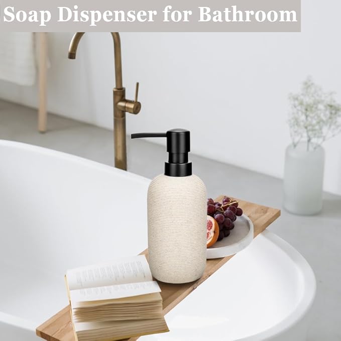 2pcs Hand Soap Dispenser Set - Sandstone Textured Resin Liquid Soap Dispenser for Bathroom & Kitchen Countertop, Matte Beige