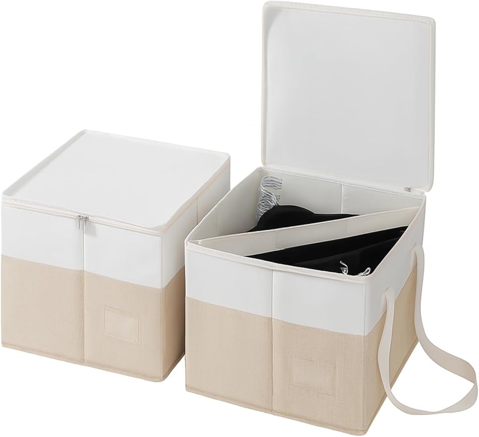 2-Pack Rigid Clothes Hanger Organizer Bag with Dust-Proof Lid, Hanger Storage Holder with Support Boards, Large Capacity Clothes Storage Containers with Handle for Laundry-Beige/Linen