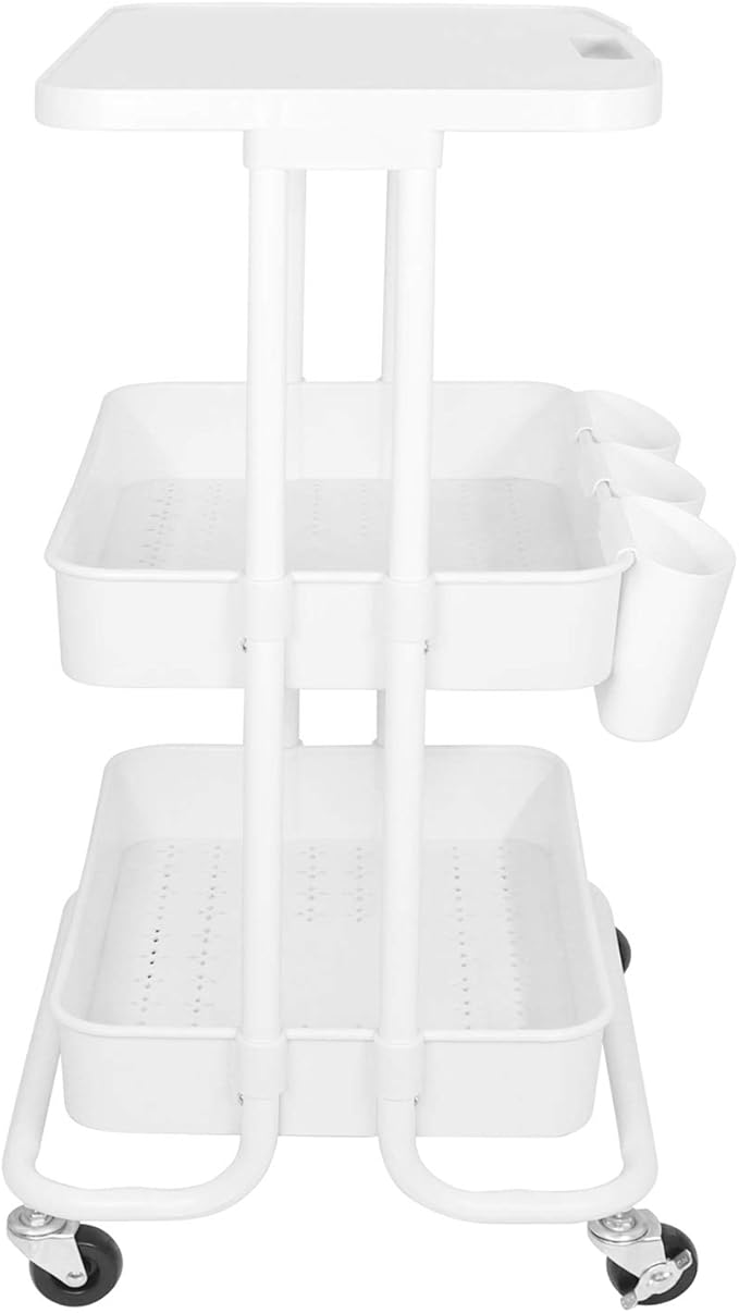 3 Tier Rolling Cart with Topper Storage Table Cart White Utility Cart with Cups & Hooks, Metal Frame with Plasitc Baskets, Functional Mobile Carts for Kitchen Pantry, Arts Supplies,Baby Essentials