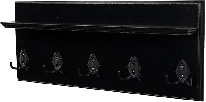 Rustic Wall Mounted Coat Rack with Shelf Wooden Entryway Organizer with 5 Metal Hooks for Coats Hats Towels Keys Floating Storage Shelf for Bathroom Bedroom (Black, 20 inch (4 Hooks))