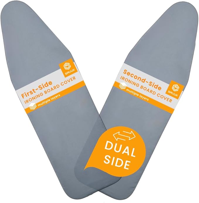 SAVUK Ironing Board Cover and Pad Dual Side X2 Lifetime Double Using Heavy Duty Thick Padding Heat Reflective Non Stick Scorch and Stain Resistant Adjustable 15x54 inch (Double Sided Grey)