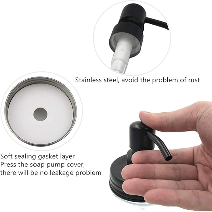 4 Pack Mason Jar Soap Dispenser Lids with Pumps, Rustproof Stainless Steel, Lotion Soap Dispenser Lids Replacement for 16 oz Regular Mouth Mason Jar Decor, 4 Brushes Included Black