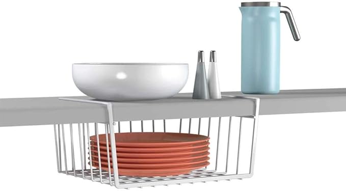 Modern Home Under Shelf Wire Storage Baskets – Hanging Organizer Rack for Cabinet, Pantry, or Closet – White Metal Basket for Kitchen, Towels, or Office – No Tools Required (Set of 4)