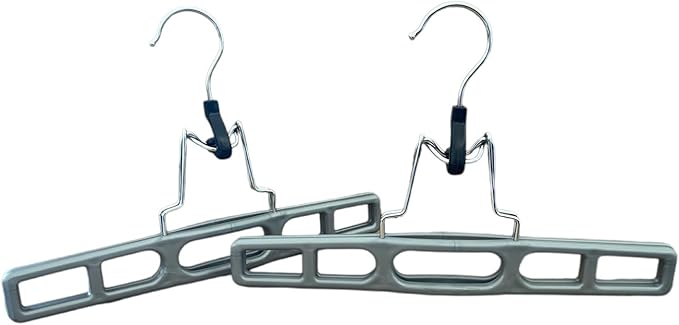 12 Pack Grey Premium Plastic Skirt Hangers,Space Saving Pant Hangers Set with Clamp, Shorts Hangers with Locking Clasp, Multipurpose Jean Hangers Set