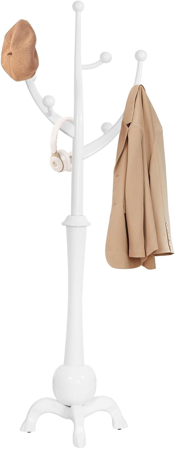 Wooden Coat Rack Freestanding with 8 Hooks, Heavy Duty Coat Hanger Stand with Stable Base, Vintage Coat Tree Standing Coat Racks for Entryway, Hallway, Bedroom (White)