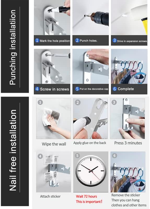 Small Wall Clothes Rail, Aluminium Foldable Drying Rack Hook 90° Rotation Coat Hanger for Laundry Bathroom Balcony (1ps Silver Fixed Seat)
