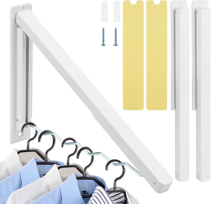 Zoyiancy 2pcs Wall Mounted Clothes Rack, Foldable Laundry Coat Racks, White Retractable Clothes Drying Rack for Home Storage Organiser Space Saving