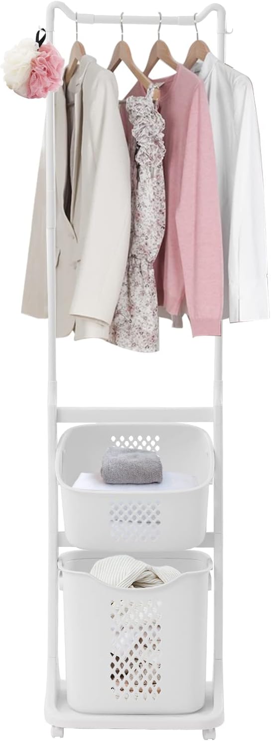 Laundry Sorter Cart with Clothes Rack 2 Layer Laundry Hamper Basket with Hanging Stand Dirty Clothes Storage Basket with 4 Wheels Simple Storage Shelf for Bathroom Cloakroom Bedroom White