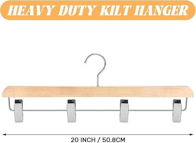 4 Pcs Kilt Hanger 20 Inches Wooden Duty Skirt Hangers with 4 Clips for Closet (Wooden Color)