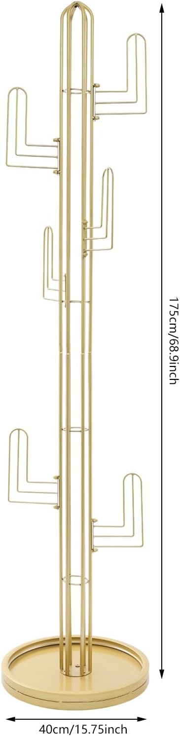 Cactus Coat Rack, Freestanding Coat Rack With 6 Hooks, Modern Metal Coat Racks with Round Base, Gold Cactus Shape Clothing Stand for Bedroom, Office (Gold)
