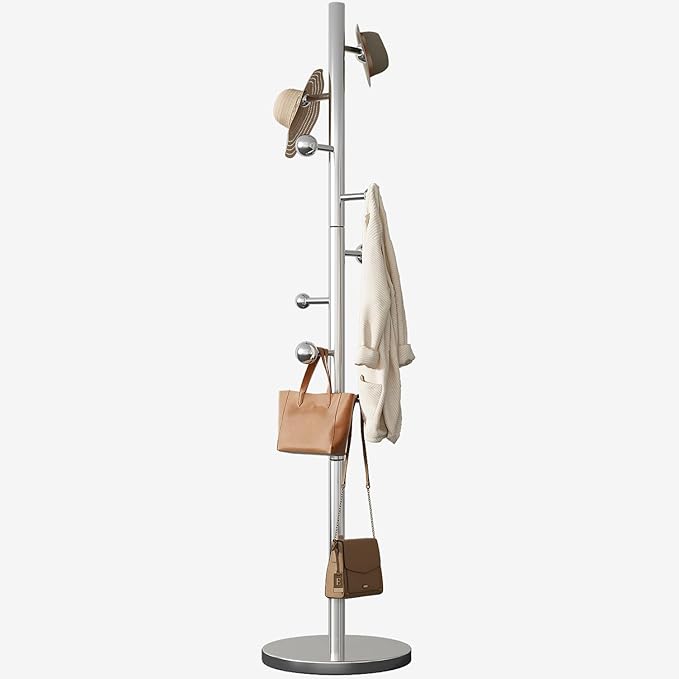 Coat Rack Freestanding Coat Tree with 8 Hooks Heavy Duty Coats Hanger Stand Metal Coats Rack Stand for Jacket Hat Clothes Bag Stainless Steel Hall Tree Hat Racks for Entryway Bedroom, Silver
