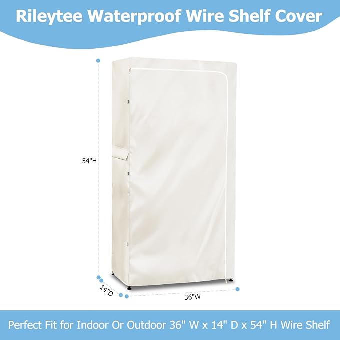 Rileytee Wire Shelf Cover,Heavy Duty 600D Dustproof Waterproof Shelf Covers for Shelving,Outdoor Storage Rack Cover for Wire Rack with Zipper,White,36" W x 14" D x 54" H